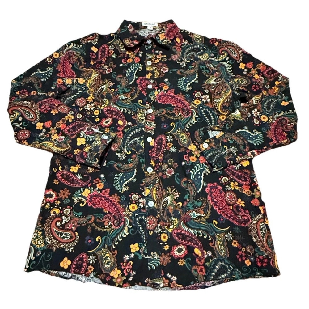 *** 2X Plus Size Long-Sleeve Black Paisley Floral Button Shirt Linen Blend Size